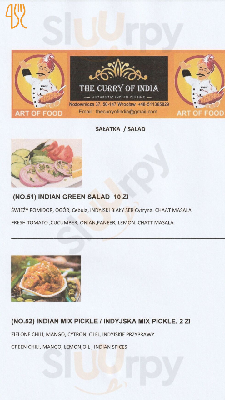 The Curry Of India Menu
