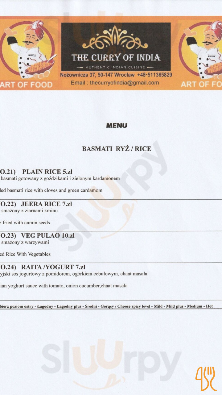 The Curry Of India Menu