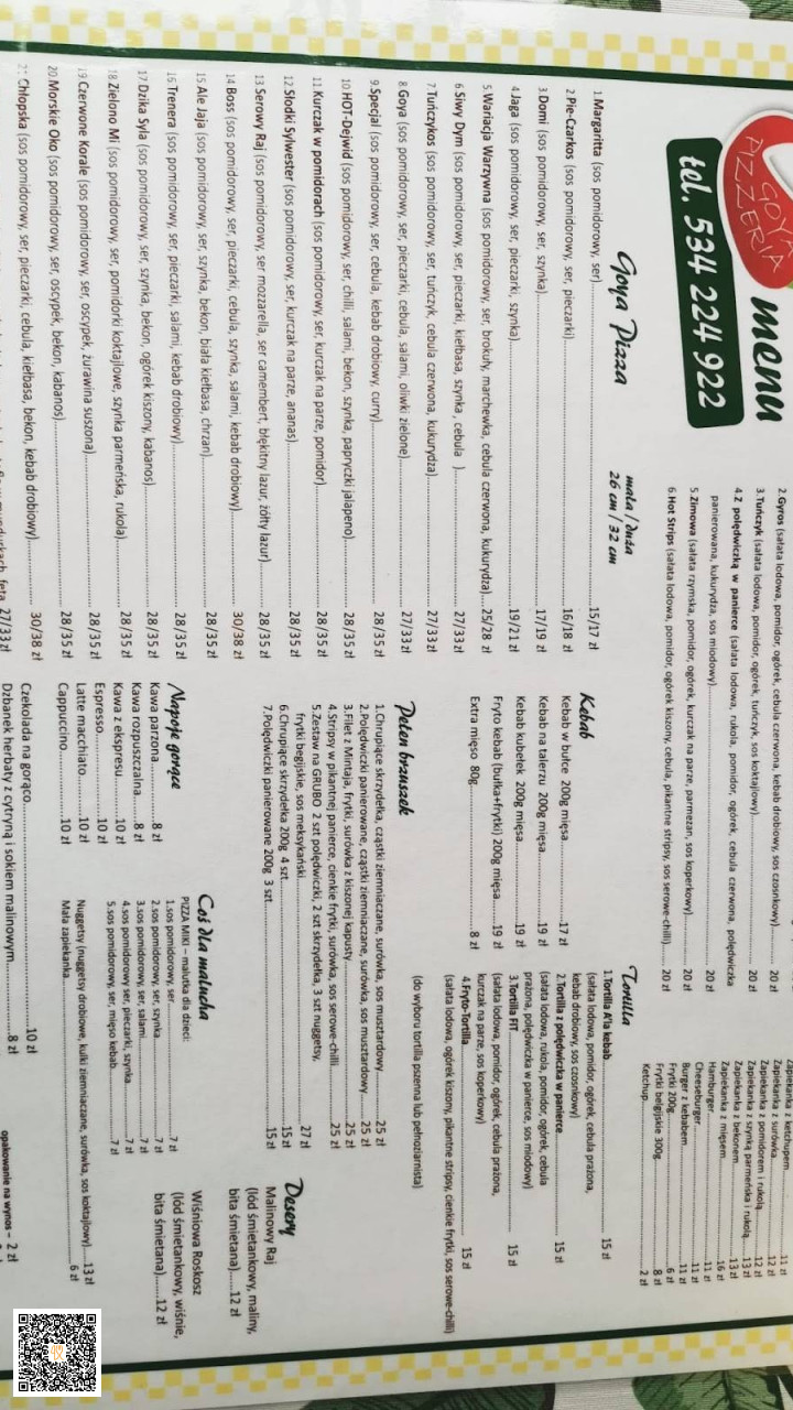 Malgorzata Sobota Pizzeria Goya Firma Uslugowo Handlowa Menu