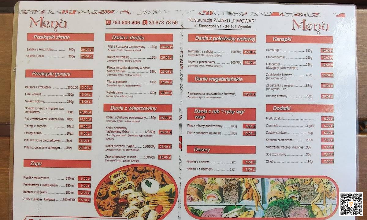 Zajazd Piwowar Menu