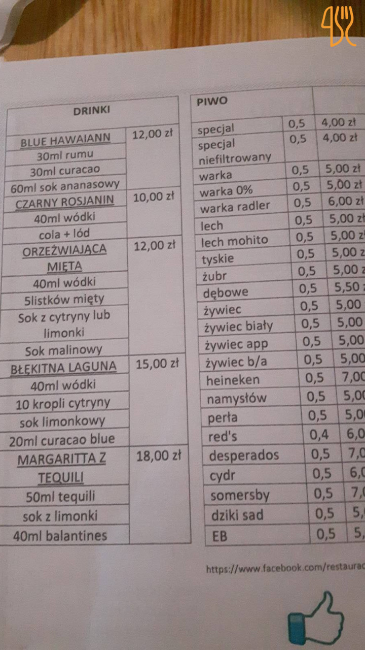 Restauracja-bar Zamkowa Menu