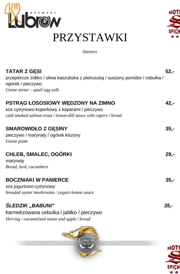 Spichrz Pod Sytą Gęsią Browar Lubrow Menu
