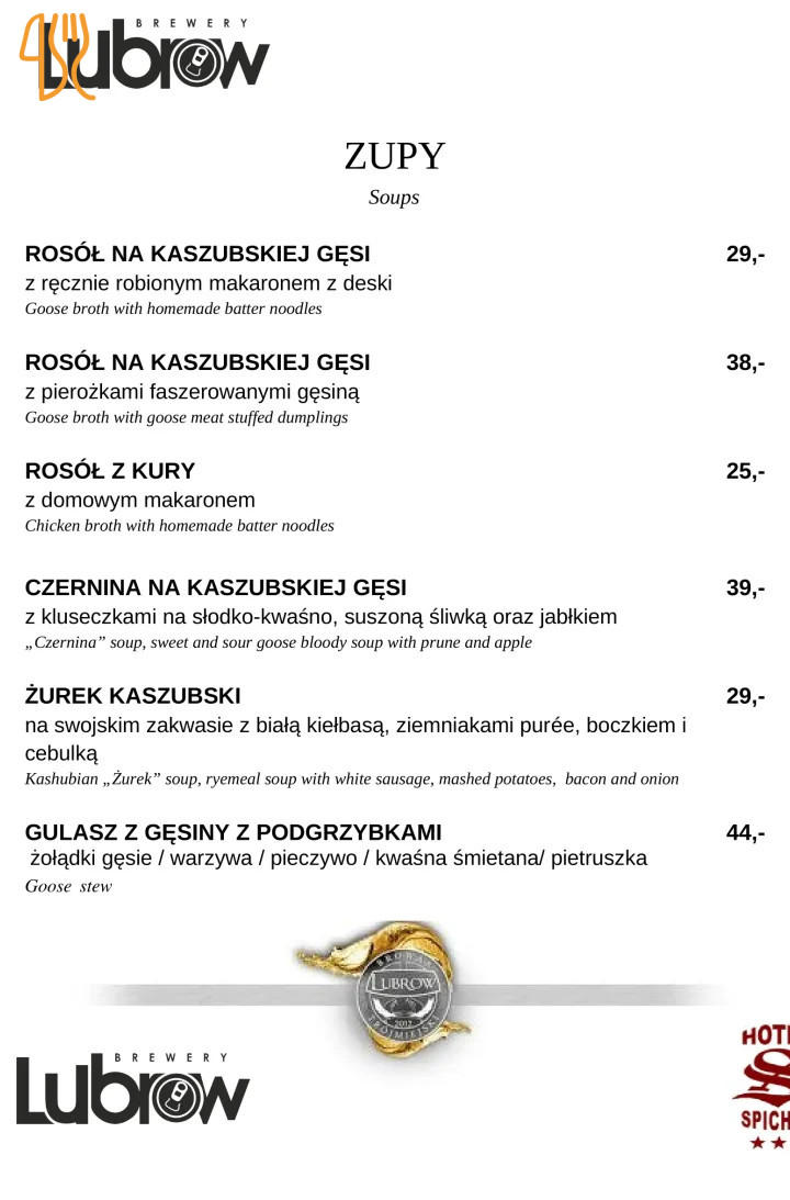 Spichrz Pod Sytą Gęsią Browar Lubrow Menu