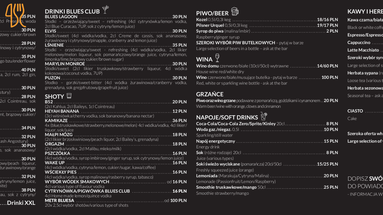 Blues Club Gdynia Menu