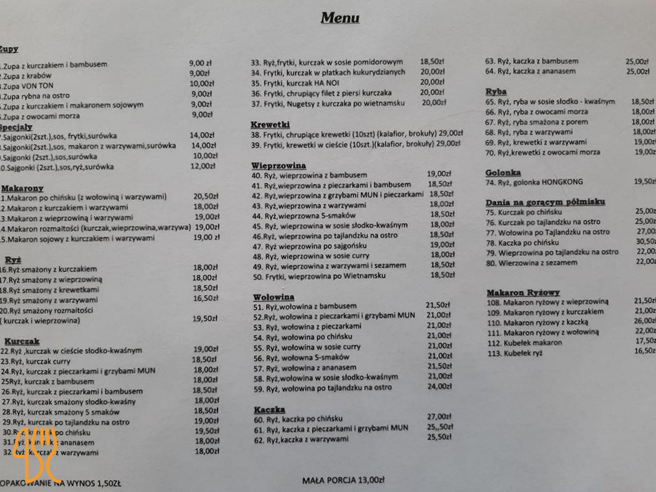 Wok Kuchnia Azjatycka Menu