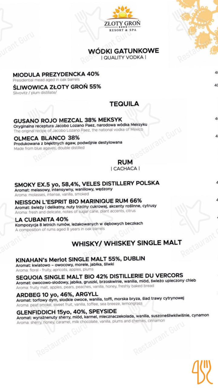 Złoty Groń Menu
