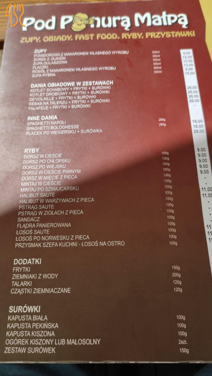 Tawerna Pod Ponurą Małpą Menu