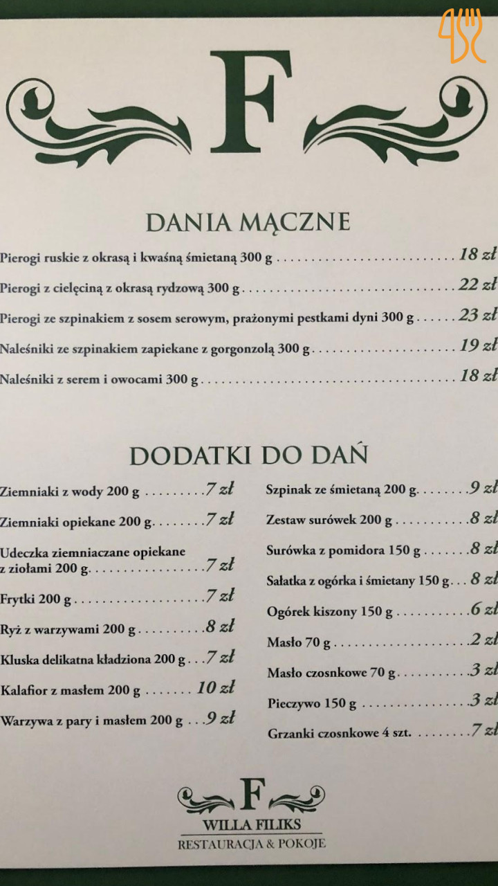 Willa Filiks Menu