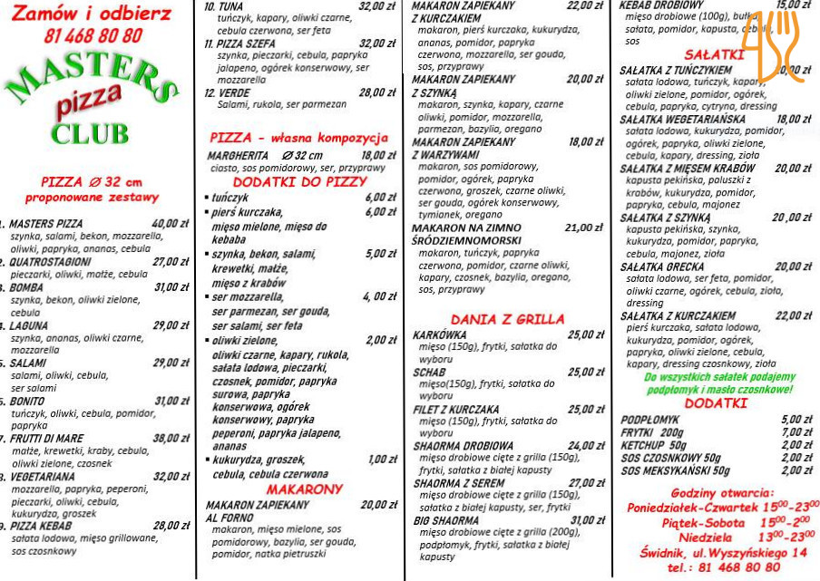 Masters Club Menu