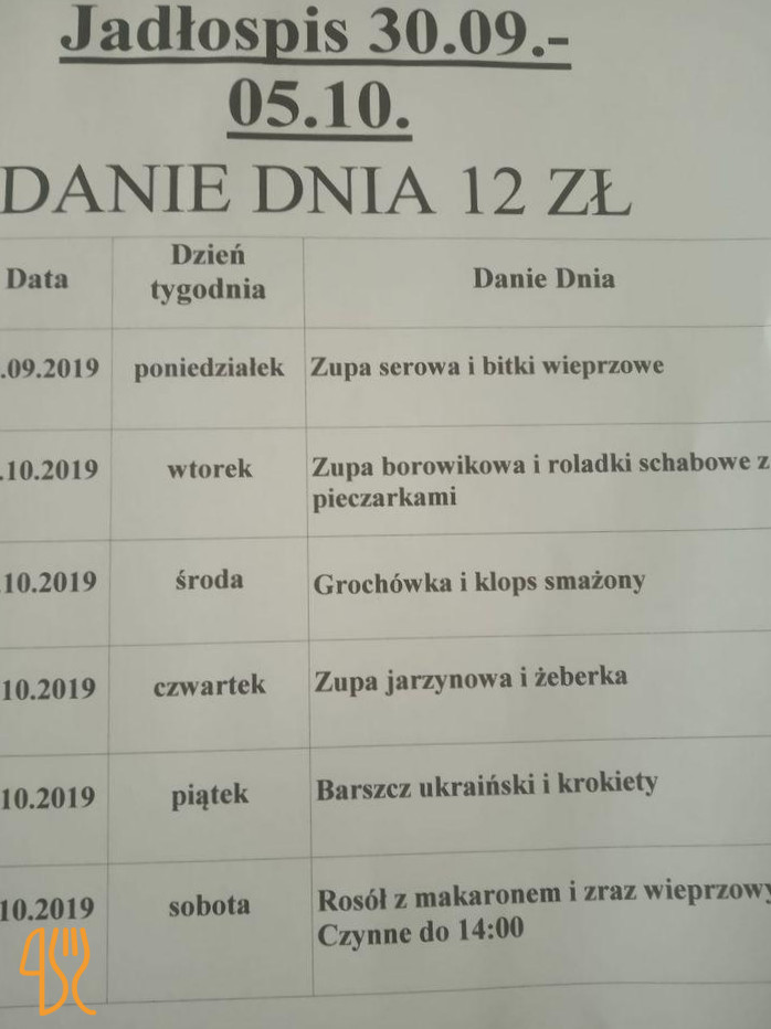 Pod Kasztanami Menu