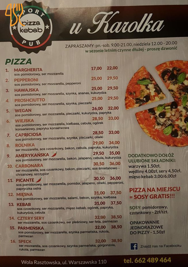 Pizza Kebab U Karolka Menu