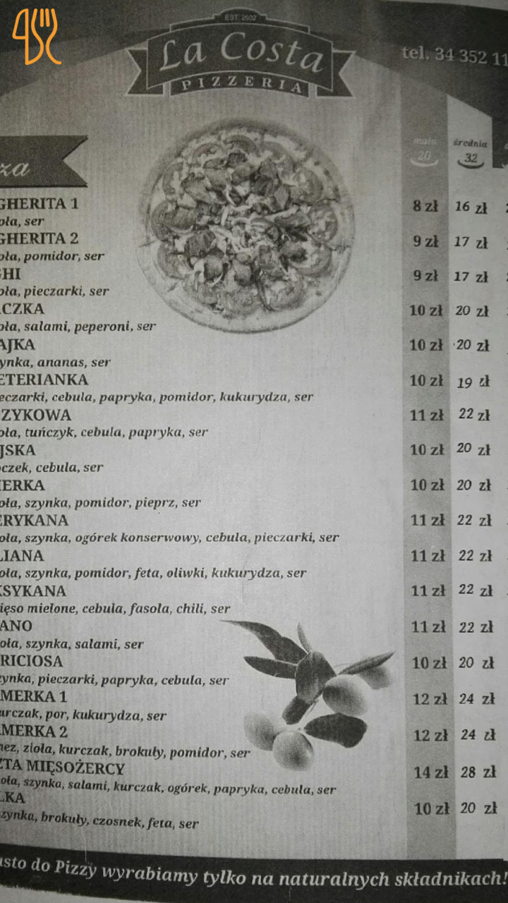 Pizzeria La Costa Menu