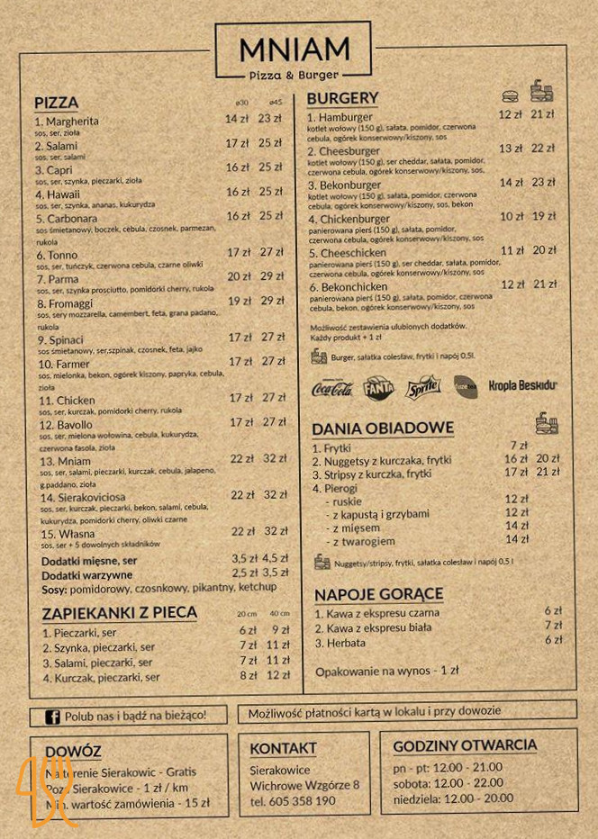 Mniam Pizza Burger Sierakowice Menu