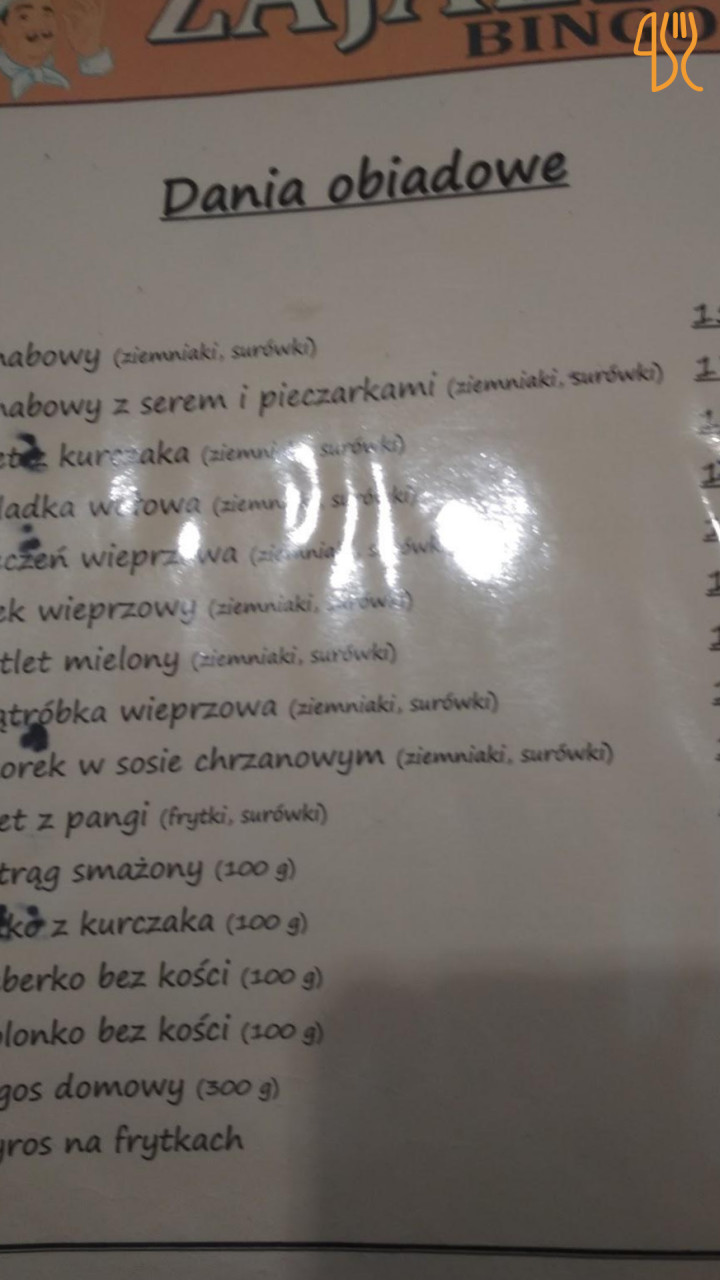 Bingo. Zajazd. Zaręba I. Menu