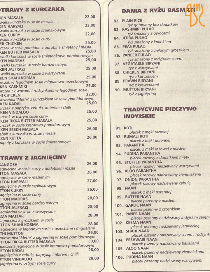 Kuchnia Indyjska Nicola Swaad Menu