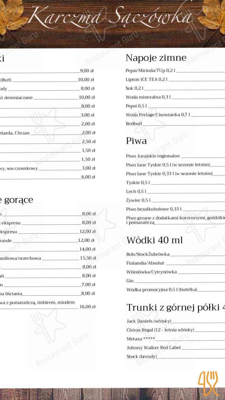 Sączówka Tavern Menu