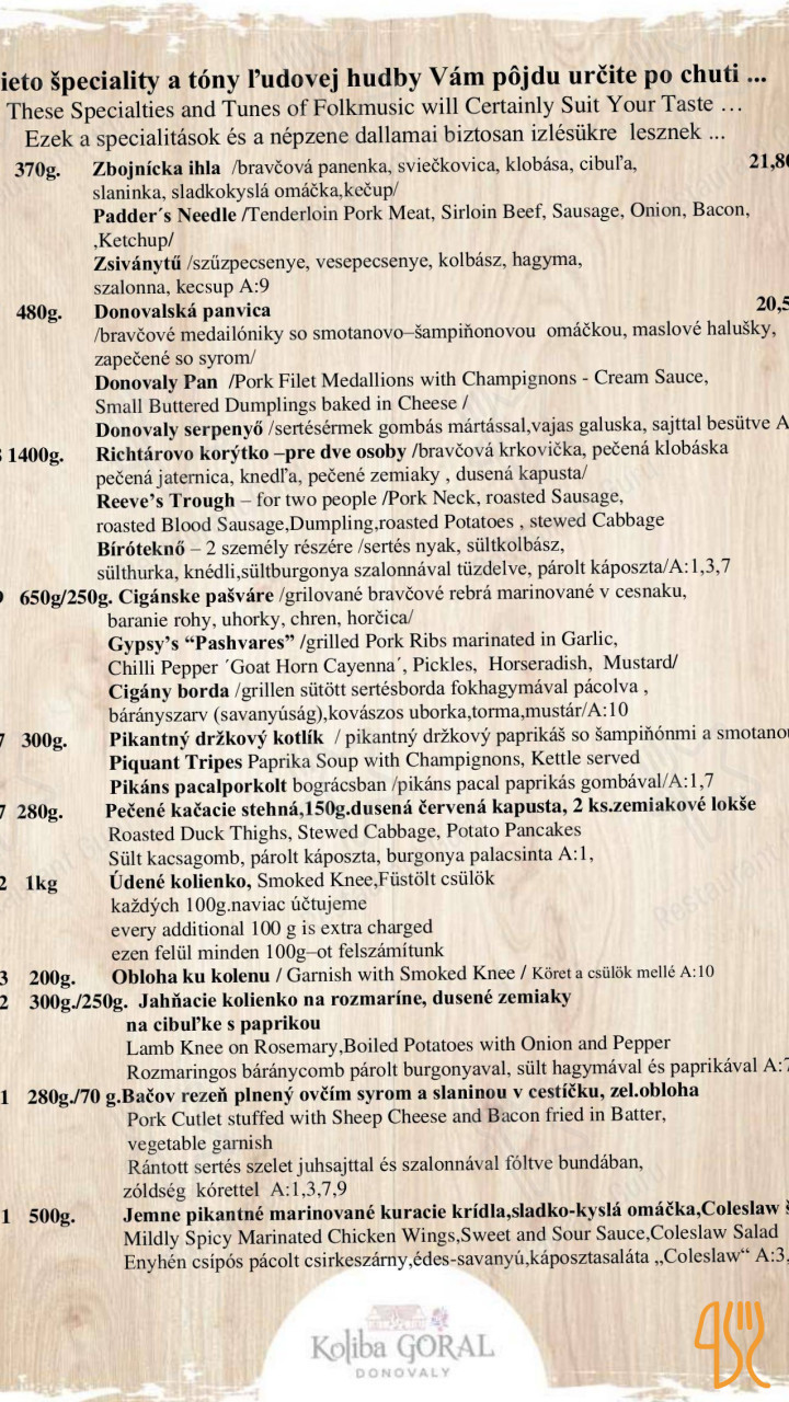 Goralska Koliba Menu