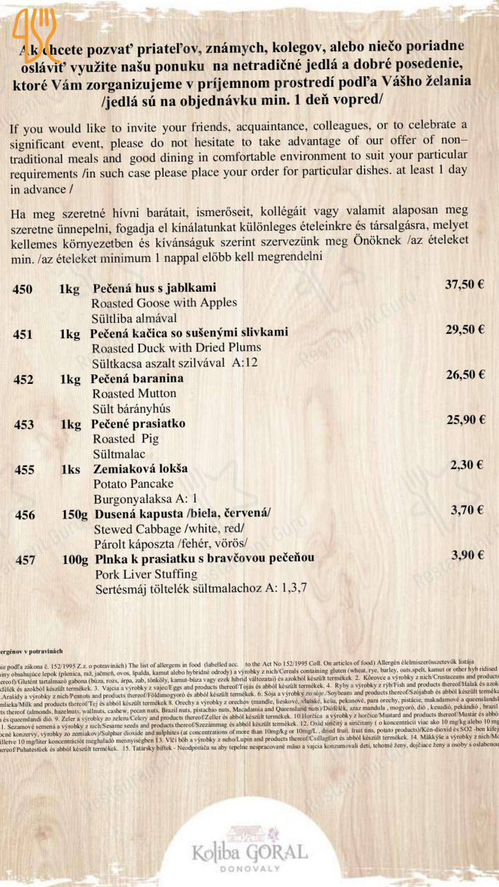 Goralska Koliba Menu