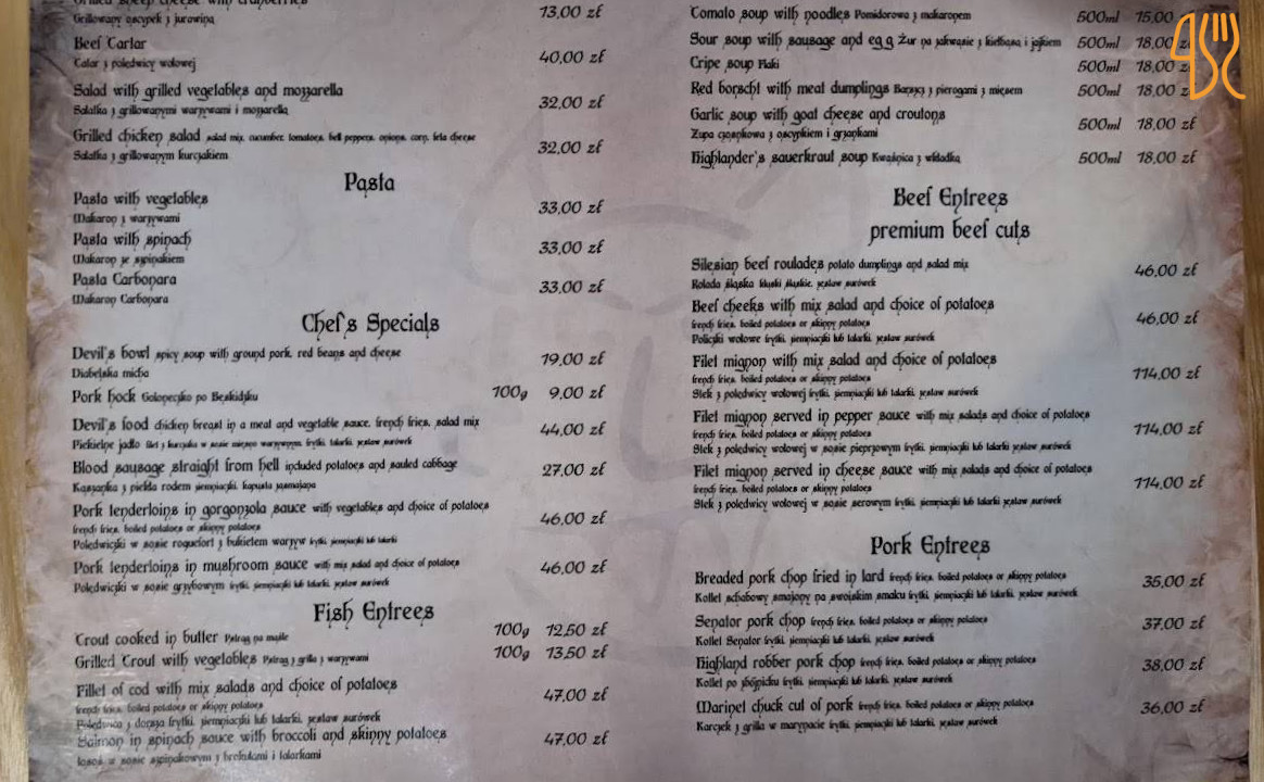 Diabelska Karczma Menu