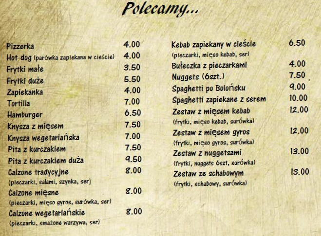Małe Co Nieco. Pizzeria, Menu