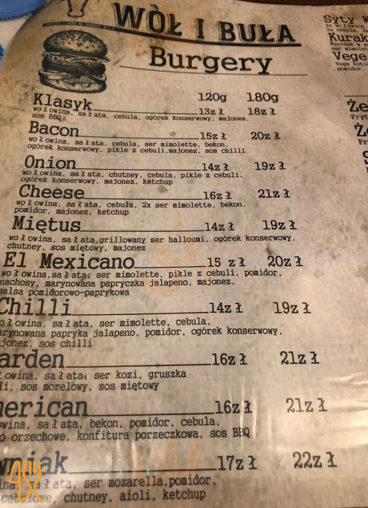 Wół I Buła Menu