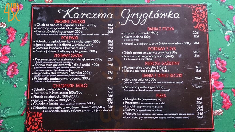 Karczma Gryglówka Menu
