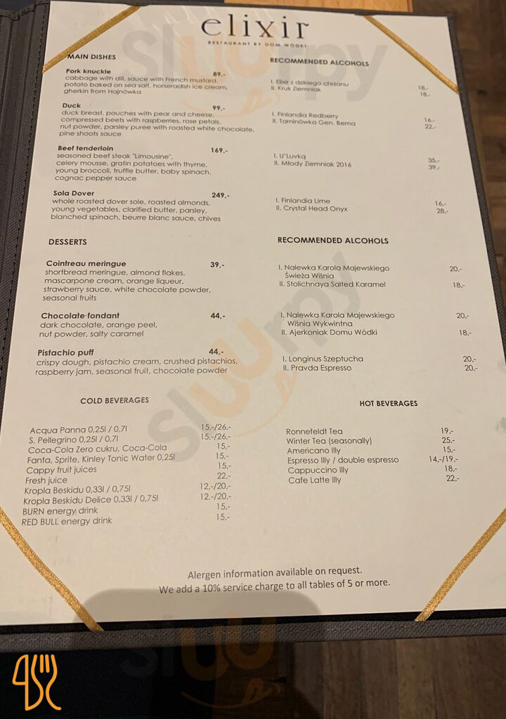 Elixir By Dom Wódki Menu