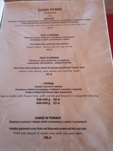 Zajazd Zornica Menu