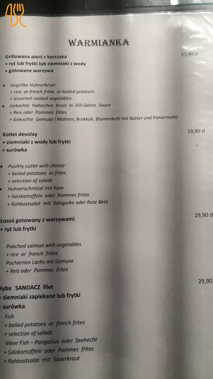 Warmianka Restauracja Dom Weselny Menu