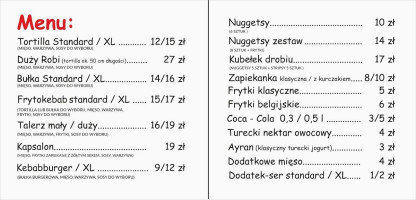 Kebab U Robiego menu