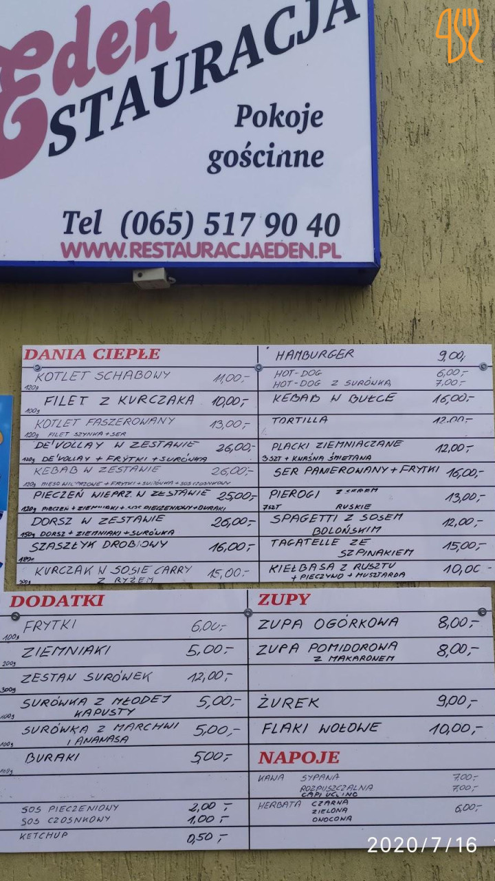 Eden. Pensjonat Noclegi Pokoje Gościnne Cichowo Menu