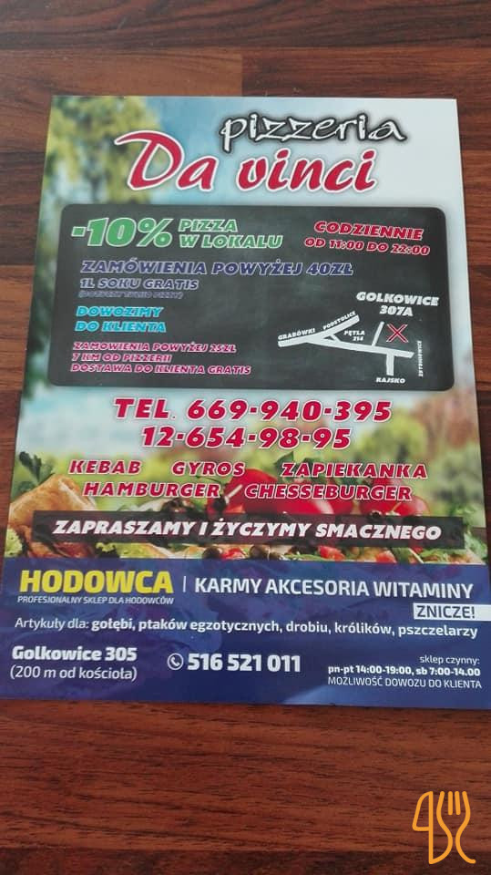 Davinci. Pizzeria. Myśków M. Menu