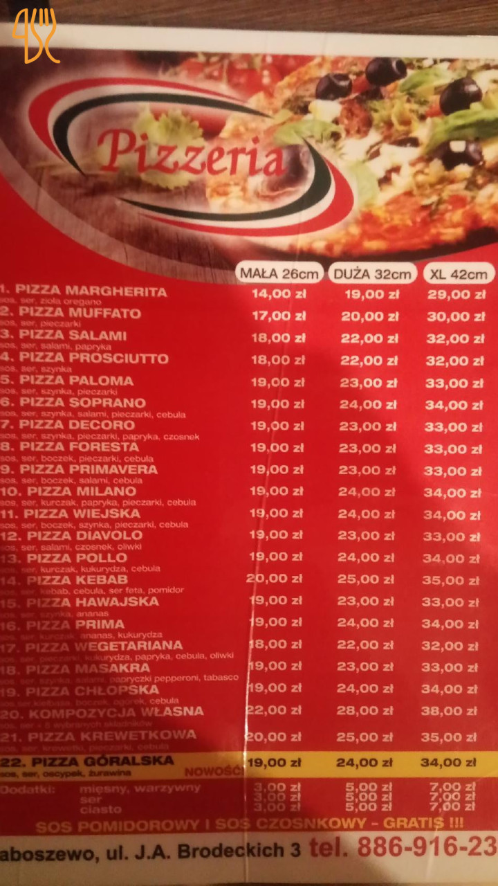 Pizzeria W Baboszewiej Menu