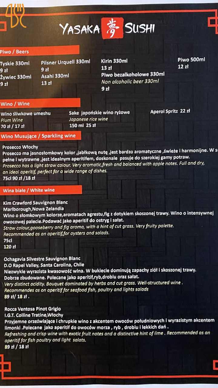 Yasaka Sushi Brodnica Menu