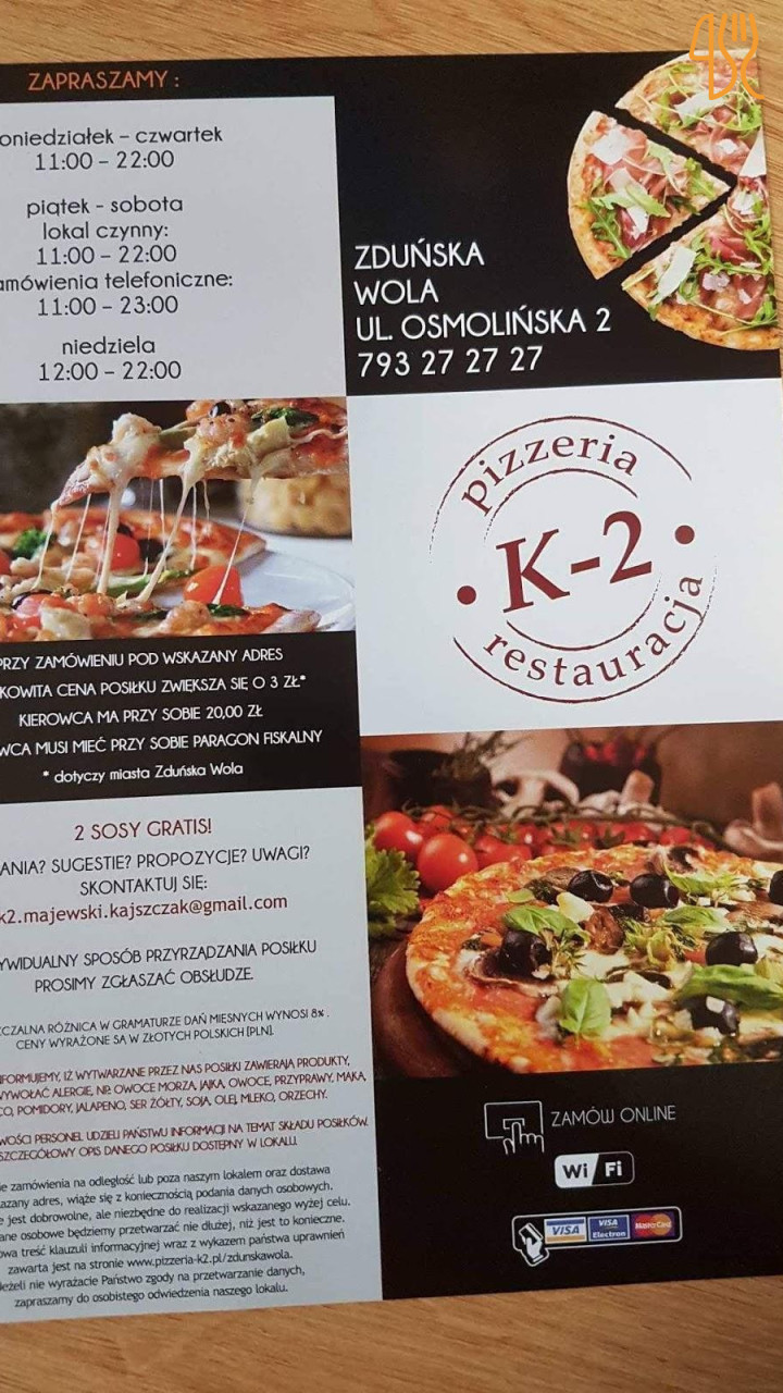 Telepizzeria K-2 Zduńska Wola Menu